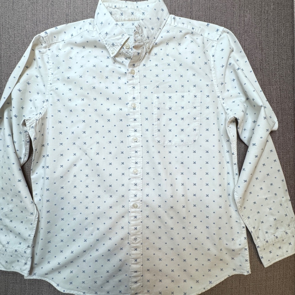 American Eagle Mens Large White Blue Geometric Print Long Sleeve Button Down